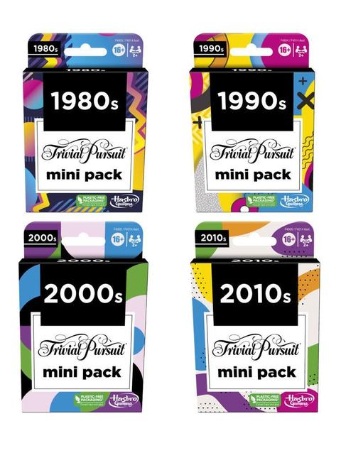 Trivial Pursuit Game Mini Packs Multipack, Fun Trivia Questions for Adults and Teens Ages 16+, 4 Packs Featuring 4 Decades