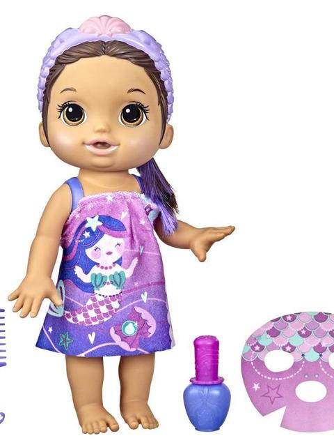 Baby Alive Glam Spa Baby Doll, Mermaid, Color Reveal Nails and Makeup, 12.6-Inch Waterplay Toy, Kids 3 and Up, Brown Hair