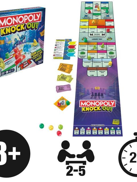 Monopoly Knockout Family Party Game, Quick-Playing Board Games for Ages 8+, 2-8 Players, 20 Mins.