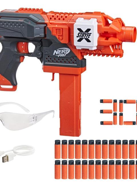 Nerf Pro Stryfe X Dart Blaster, Battery, 30 Nerf AccuStrike Half-Length Darts, Magazine, Eyewear