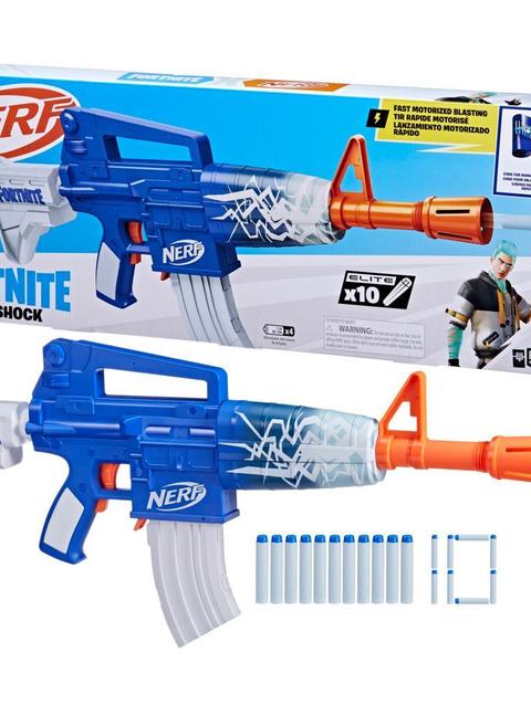 Nerf Fortnite Blue Shock Dart Blaster, 10-Dart Clip, 10 Elite Nerf Darts, Unlock Code