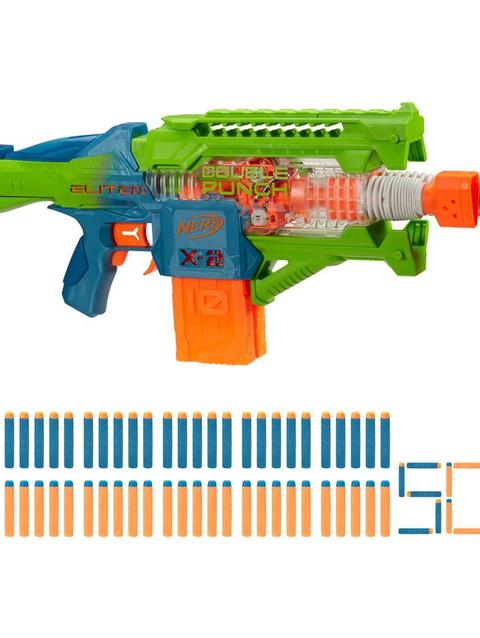 Nerf Elite 2.0 Double Punch Dart Blaster, 50 Nerf Elite Darts, 2x 10-Dart Clips, Motorized Nerf Blaster, Ages 8+